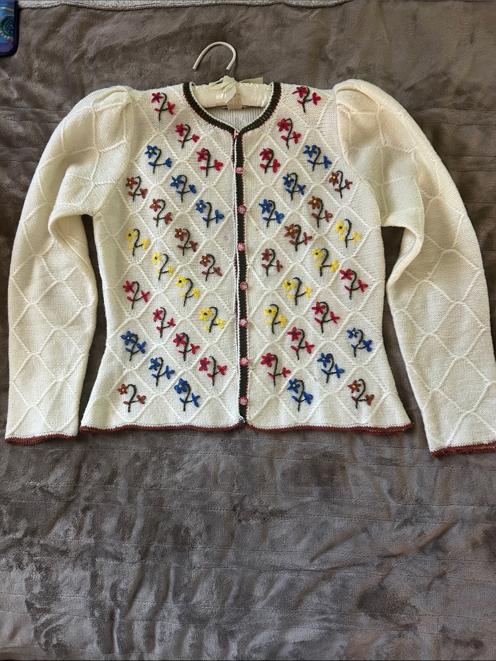 Vintage Cream Embroidered Diamond Knit Cardigan Sweater